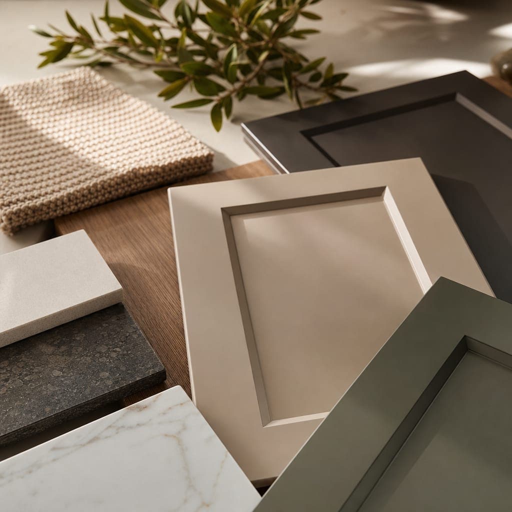 Materialmuster und harmonische Farbpalette einer Nolte Küche